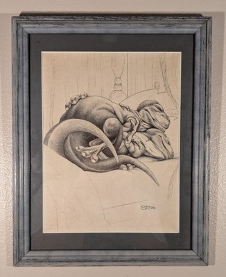 Vintage Roger Stine Graphite Drawing  Dino Love  Framed & Matted Art