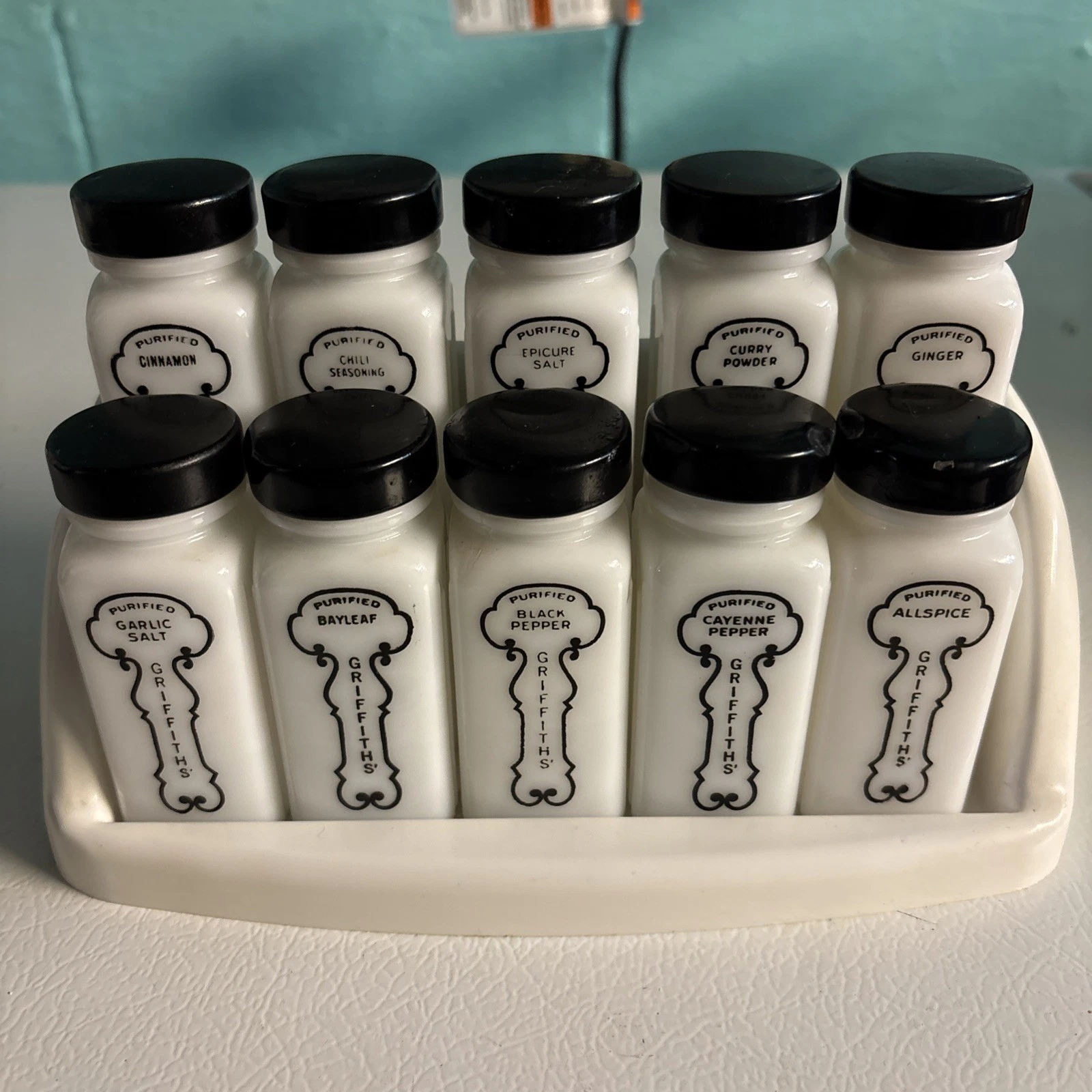 Vintage Griffith's Kitchen Spice Rack 10 White Jars Black Graphics & Black Lids
