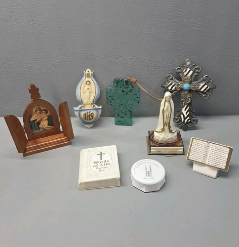Catholic Religious Decor Lot Italy Crucifix Madonna Holy Water Shrine Vintage