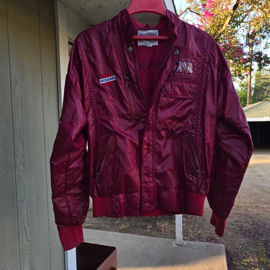 Vintage 80s Nissan Racing Jacket Mens Large Maroon Nylon Windbreaker Pit Coat - product detail image 18