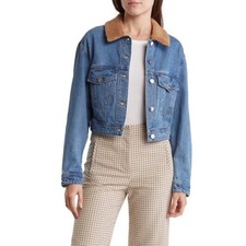 Veronica Beard Peyton Jean Jacket with Sherpa Collar Laguna Blue Size Medium