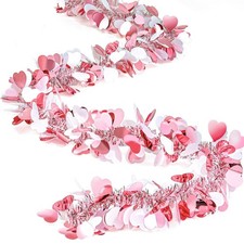 4Pcs Valentine Heart Tinsel Garland, for Mantle Tree Wreath Wedding Decor, Pink