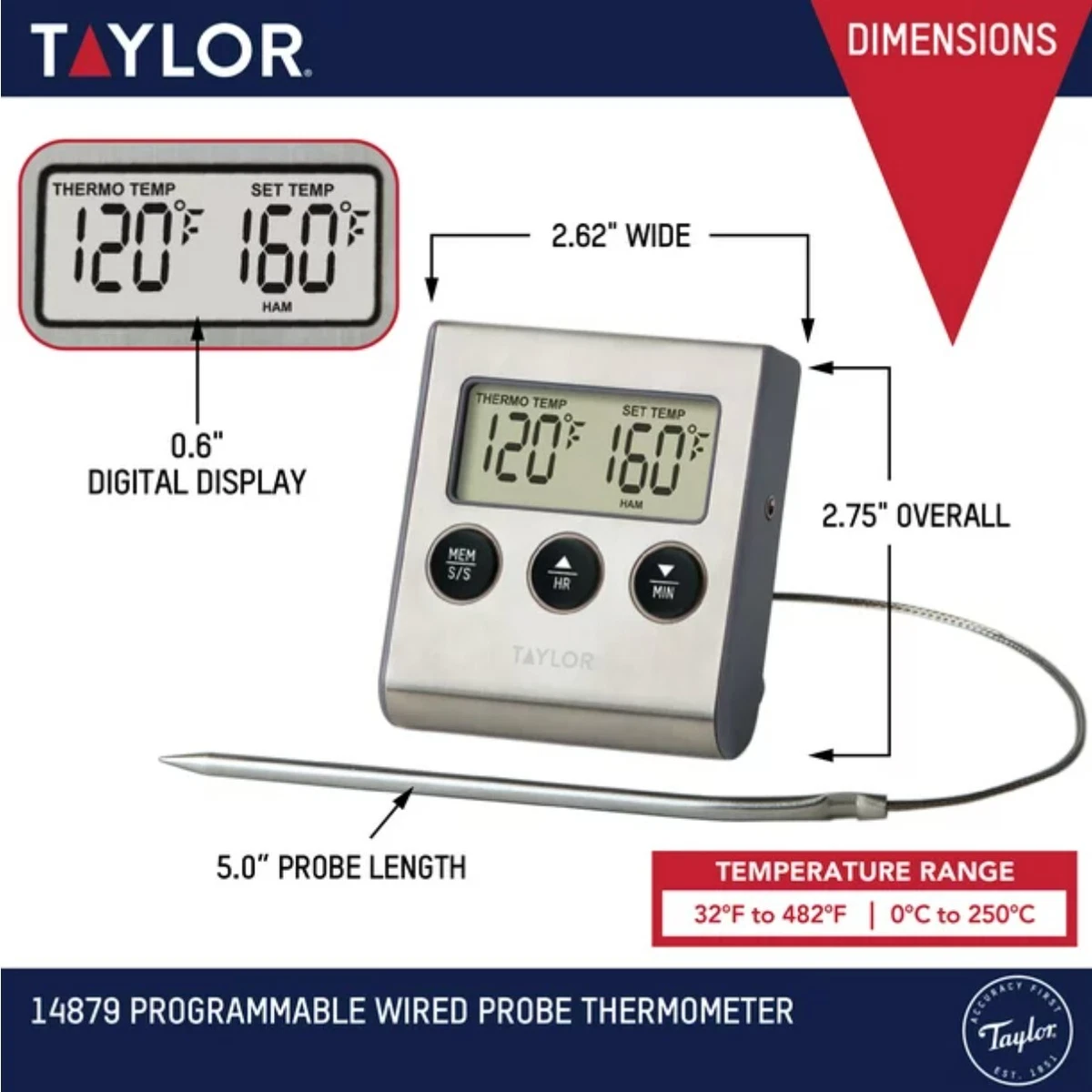 Taylor Programmable Stainless Steel Wire Probe Kitchen Meat Cooking  Thermometer