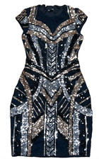 EXPRESS BLACK GOLD SILVER DECO SEQUIN EMBELLISHED CAP SLEEVE SHEATH DRESS XXS