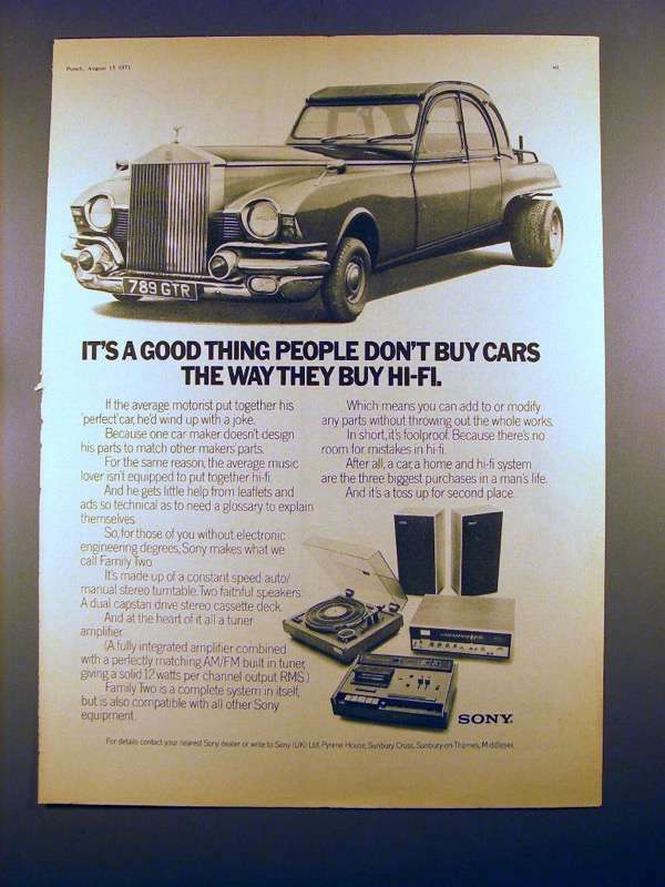 1973 Sony Family Two Hi-Fi System Ad Don't Buy Cars