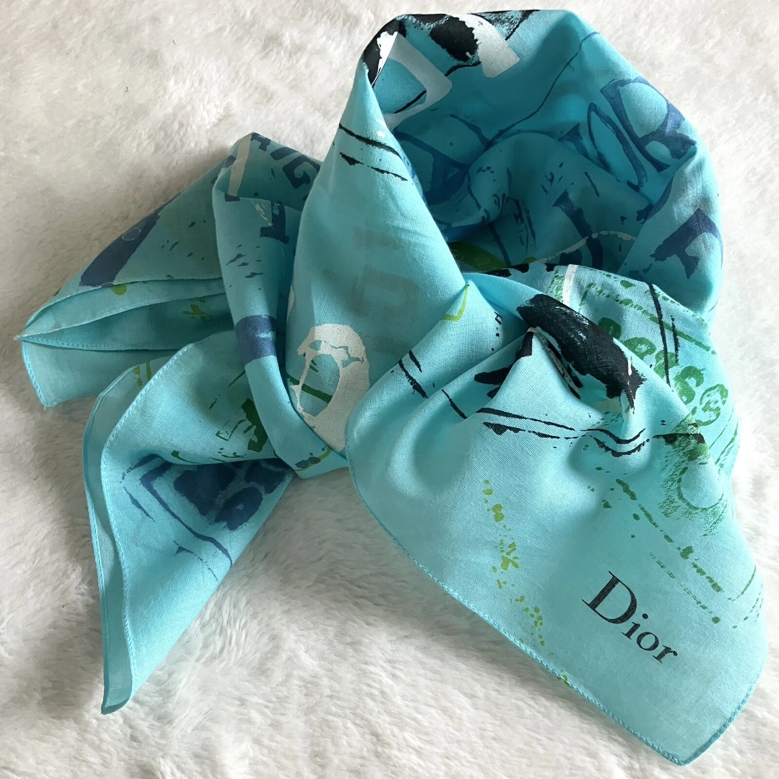 Foulard Christian Dior John Galliano 100% coton JADORE DIOR bleu Made in Italy