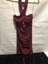 NWT Fashion Nova Britt Sequin Halter Mini Dress - Burgundy Size XS