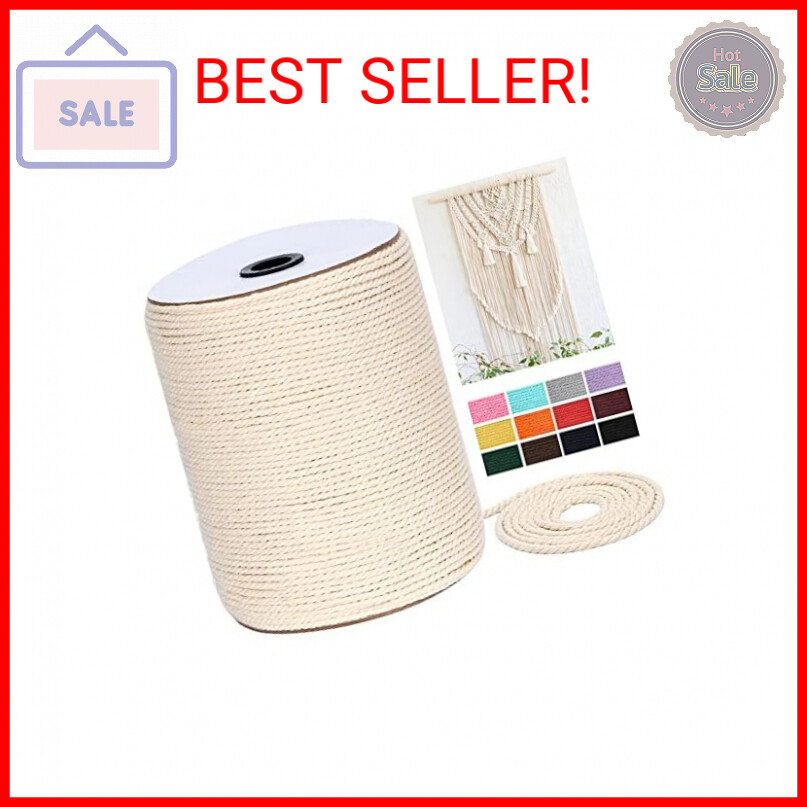 Macrame Cord 4mm x 328Yards(984Feet),Natural Cotton Macrame Rope - 3 Strands Twi