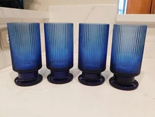 4 Imperial Glass Linear Ultra Blue Vintage Footed Iced Tea Goblets 6.25 inch