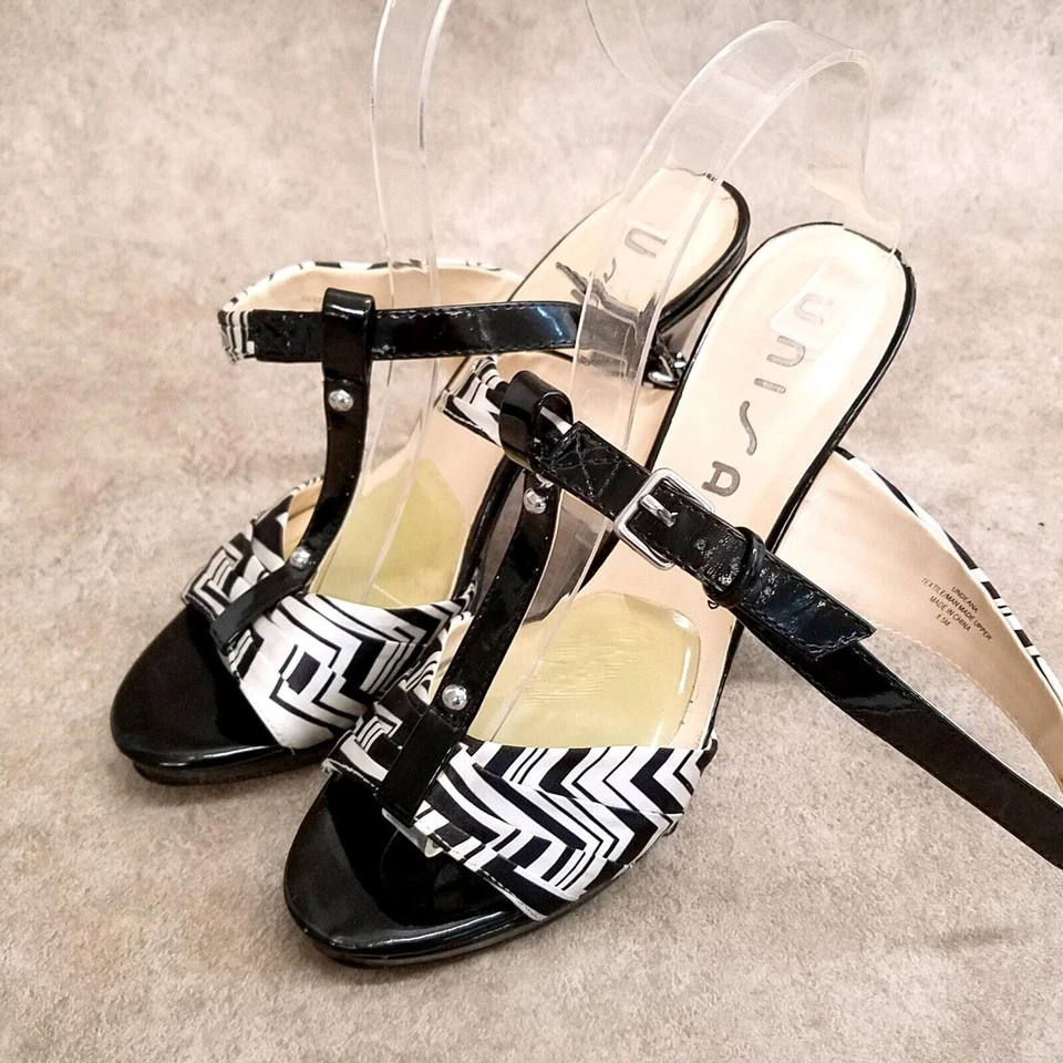 Unisa 女式 Deana 8.5 码黑色白色露趾双肩带 4 英寸高跟鞋 — 第 3/4 张图片