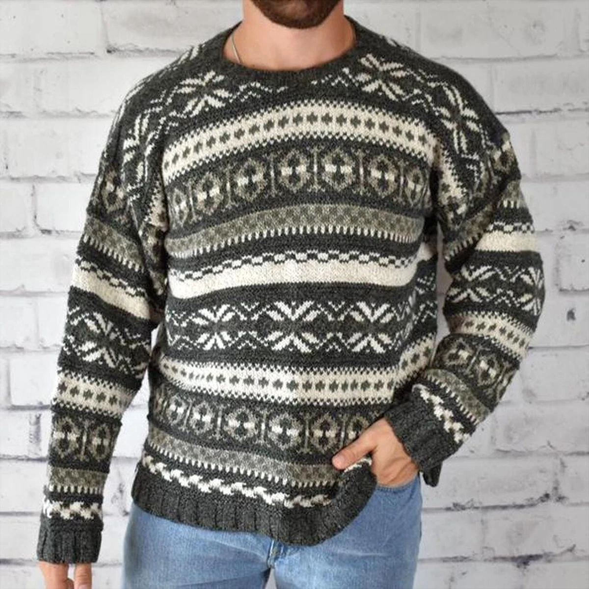 Vintage Ski Resort Vibe Fair Isle Pattern Cotton Sweater