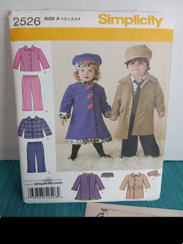 2526 Simplicity Sewing Pattern. Children's jacket, pants, hat. Sz 1/2, 1, 2, 3,4