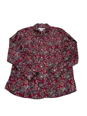 Foxcroft  Appleseeds Top Shirt Women 14 Petite Red Paisley Career Casual Button