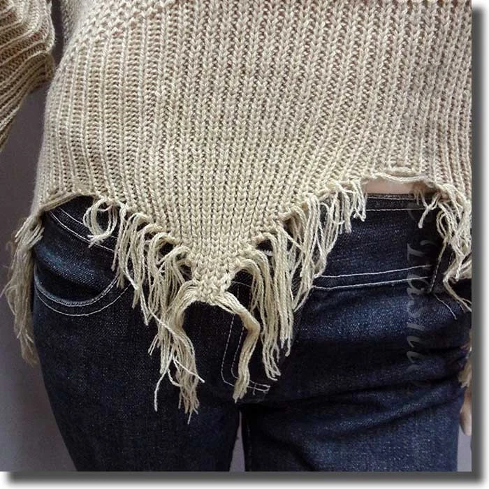 Elegante Top Suéter Acanalado Tejido Grunge Triturado Cuadrado con Rasgaduras Caqui Beige M Foto 3 de 4