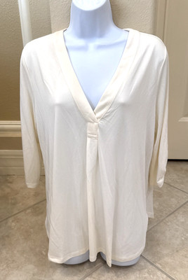 LUSH WHITE CREAM SEMI SHEER V-NECK 3/4 ROLL-TAB SLEEVE BLOUSE SZ M BASIC CARRER