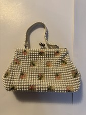 Vintage 50s 60s Petite White Pink Rosebud Seed Beaded Purse Bag