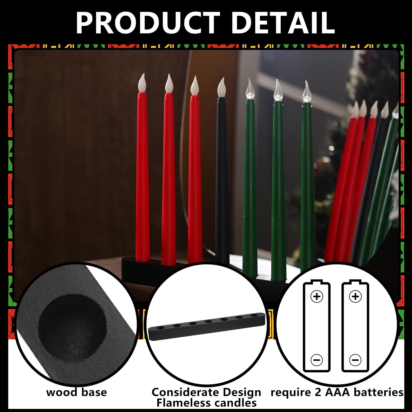 8 Pieces Kwanzaa Kinara Set 7 Kwanzaa LED Candles and 1 Candle Holder Flamele...