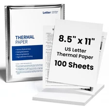 Thermal Printer Paper, 100 Sheets, 8.5 x 11, US Letter, Quick-Dry, Portable