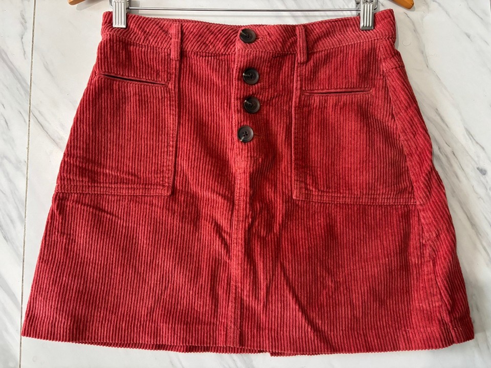 ELEMENT  Rust Corduroy Mini Skirt 10 Button Front High Waisted Utility Pockets 