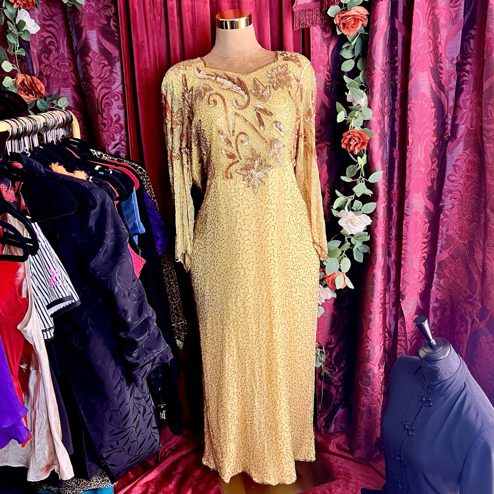 Vintage Chamanix Gold Beaded Sequin Floral Gown Long Sleeve Zip Closure Dress