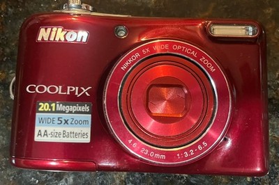 Nikon COOLPIX L32 20.1 MP Digital Red Camera 5X Zoom Tested 16 GB Memory Card