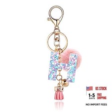 Resin Alphabet Initial Letter Keychain Keyring for Women Pink Fur Ball Letter H