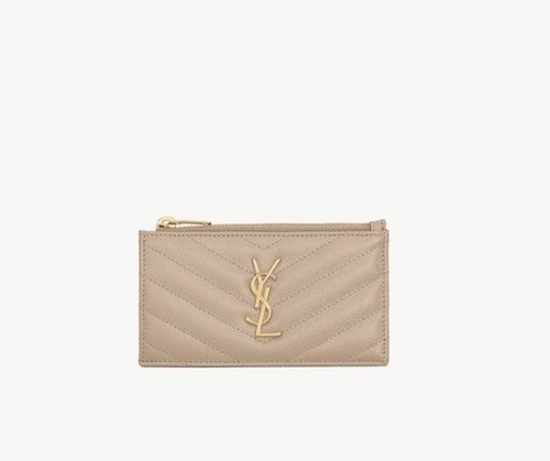  Authentic Saint Laurent Cassandre Matelassé Zipped Card Case in Beige Leather