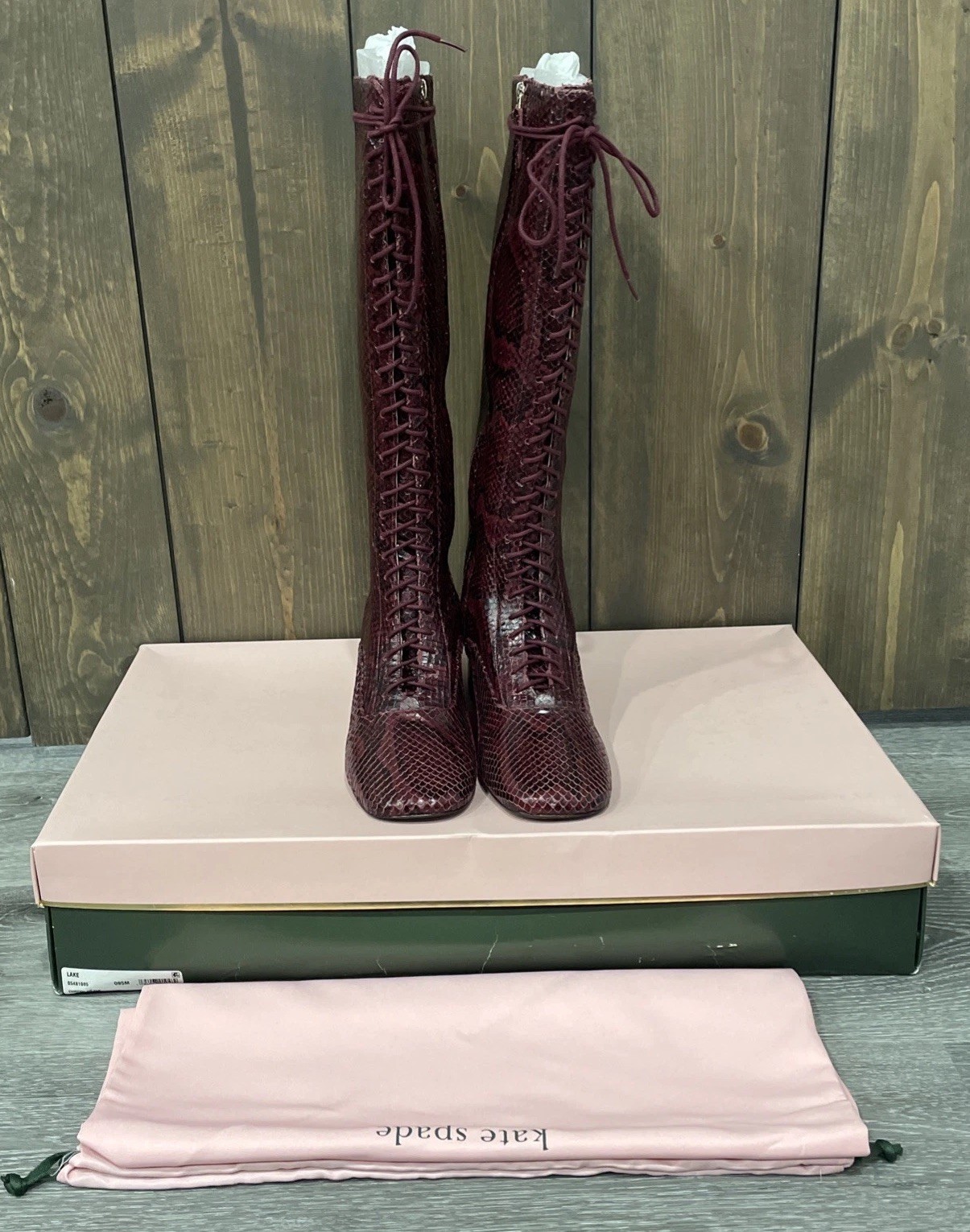 NEW Kate Spade Lake Snake-Embossed Leather Knee High Boots Burgundy Women 9.5M thumbnail 2