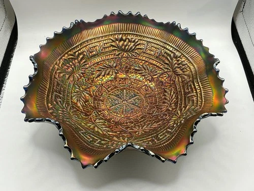 Vintage Carnival Glass Ruffled Bowl Iridescent Medallion 11in Decorative Art