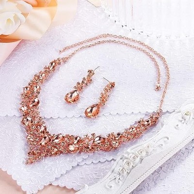 Collar y pendientes para novia, joya ideal para boda (Oro rosa melocotón)