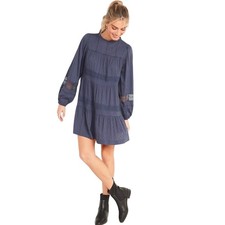 Old Navy Womens Pintuck Lace Swing Dress M Volcanic Glass Navy Blue Tiered Boho
