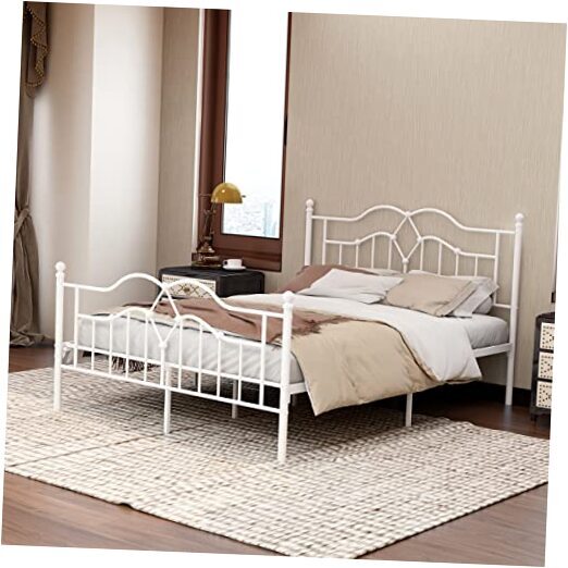 Metal Platform Size Bed Frame with Headboard Footboard Easy Queen White