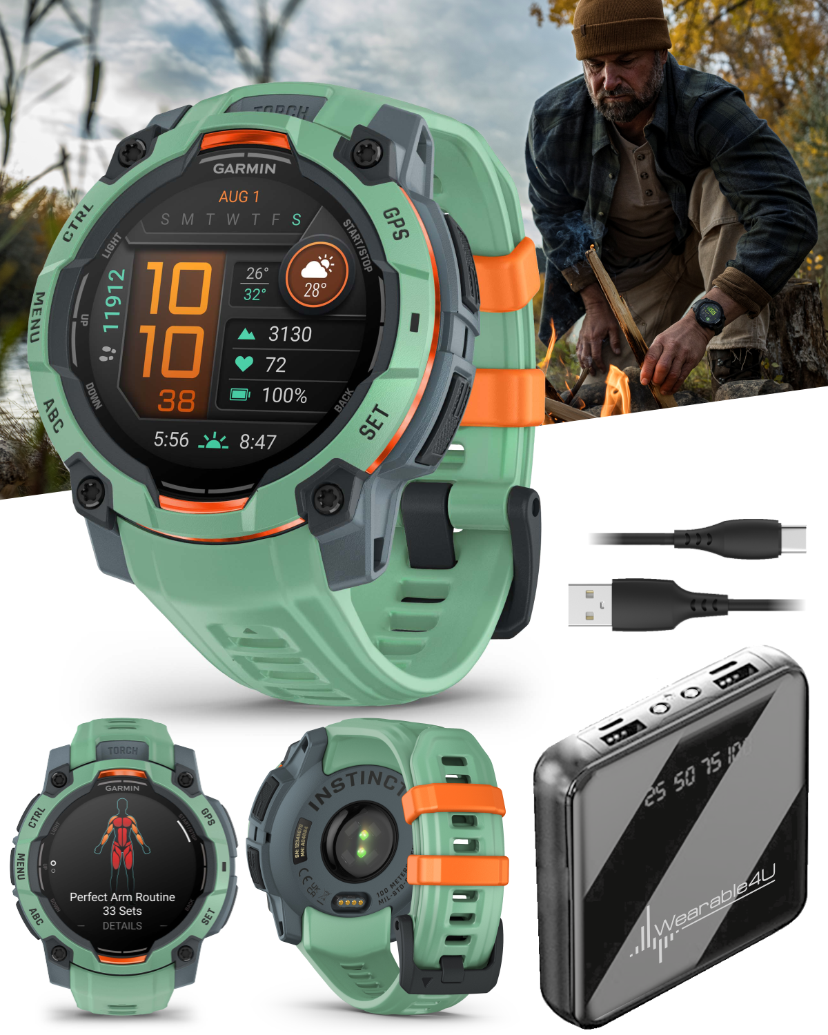Garmin Instinct 3 45mm AMOLED GPS Smartwatch with Power Bank for Outdoor Adventures  -image