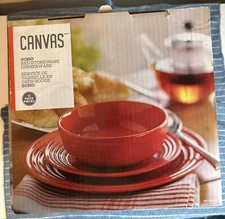 CANVAS SOHO RED STONEWARE DINNERWARE 12 PIECE SET NIB