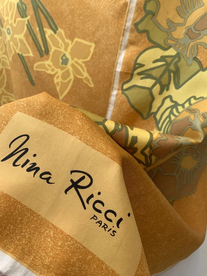 NINA RICCI FLORAL AMARILLO Bufanda de seda rectangular tiene mancha 56/16 pulgadas #A108 Foto 2 de 4