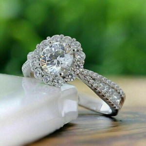 Authentic 3.00 Ct Round Cut Moissanite Halo Wedding Engagement Ring 14k White Gold Plated