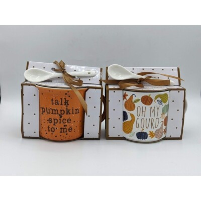 2 Gift Set Kohls 13oz Ceramic Coffee Mug & Spoon Set Fall Autumn Pumpkin Gourd
