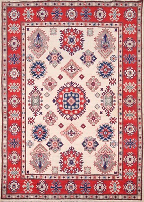 Ivory Wool Geometric Super Kazak Area Rug Hand-made Oriental Rug Carpet 5'x7'