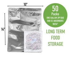 (50PC) 1 Gallon Mylar Bags Zip Seal Reusable Food Storage+500CC Oxygen Absorbers