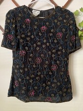 Vintage Stenay Black Gold Silk Beaded Sequin Evening Party Top 80s M Flowers