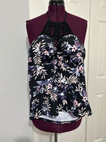 NWT Ambrielle Swim Tankini Top Black/Floral String Web Front Size Large MSRP $49