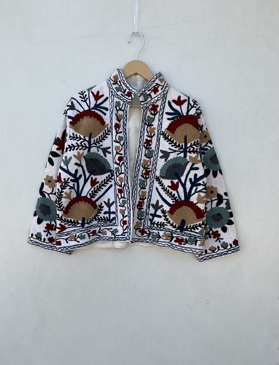 Embroidery Suzani Vintage Cotton jute Fabric jacket women handmade