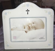 RUSS Ceramic Picture Frame w/Silver Cross Small Blessings Holds 4x6 Photo.  BX1