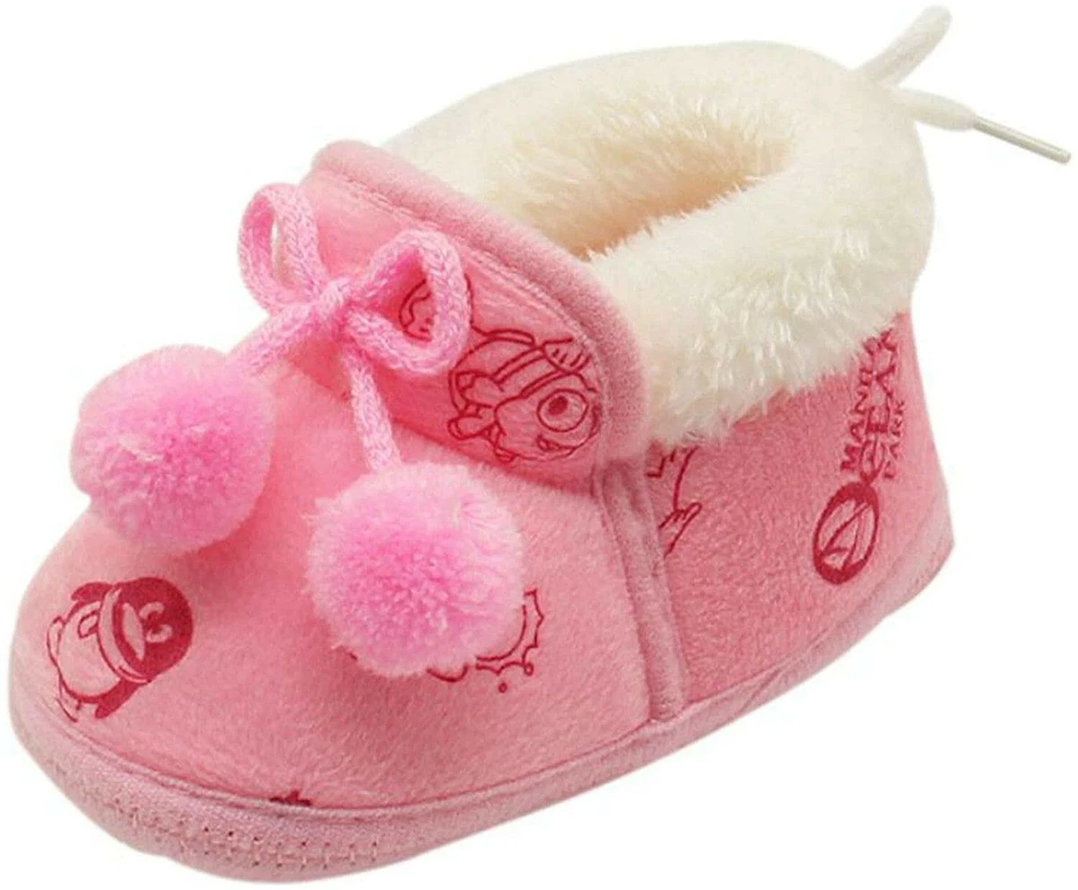 Baby Shoes Girls Pink Pom Pom Princess First Walkers Rubber Sole slip on 1 12 Mo