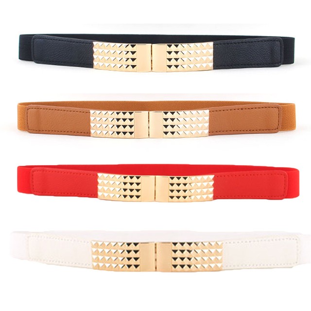 Women Elastic Gold Clasp Buckle Belt Faux Leather Stretch Dress