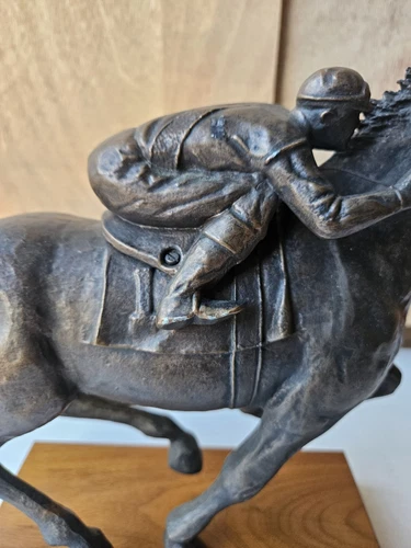 Antique Austin Sanfilippo Bronze Sculpture Race Horse Jockey Statue Wooden Base - Picture 11 of 14