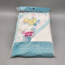 Vintage Cuddle Time Baby Hooded Bath Towel Duck White Blue USA Terry Cloth NOS
