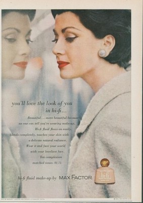 1961 Max Factor Hi Fi Make Up Stylish Woman Window Reflection Coat Ad MC1
