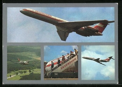 Postcard showing an Interflug airline plane in the sky and on the ground