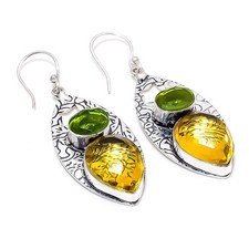 Citrine, Peridot Gemstone Handmade 925 Sterling Silver Jewelry Earring 2.36 "